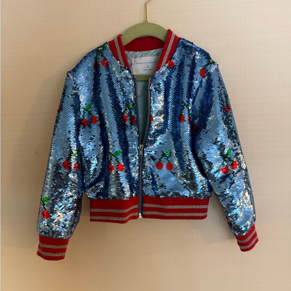 Rockets of Awesome Sequin Blue Kids Bomber Jacket with Cherry Accents